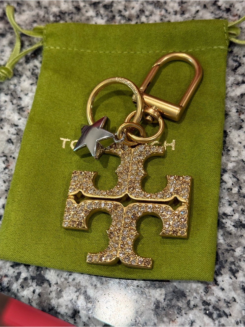 Tory Burch Gold Crystal Double-T Logo Key & Star Charm